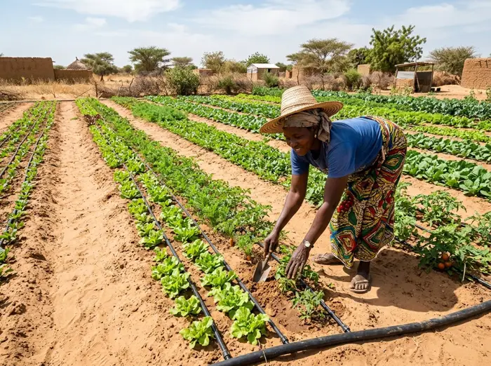 Bancales de hortalizas con riego por goteo en el Sahel senegalés