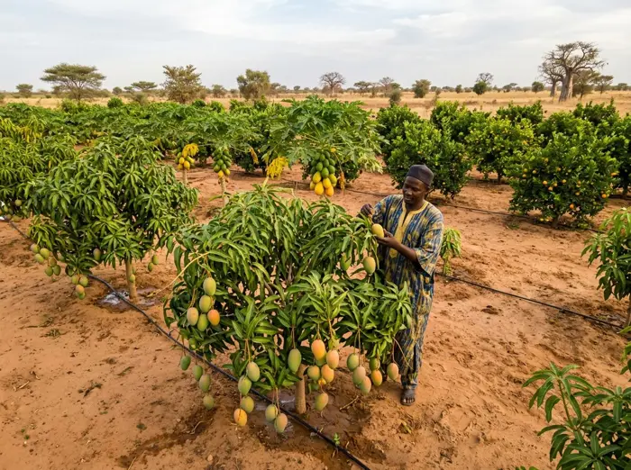 Huerto de mangos y papayos con riego por goteo