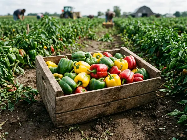Pimientos verdes, amarillos y rojos en una caja