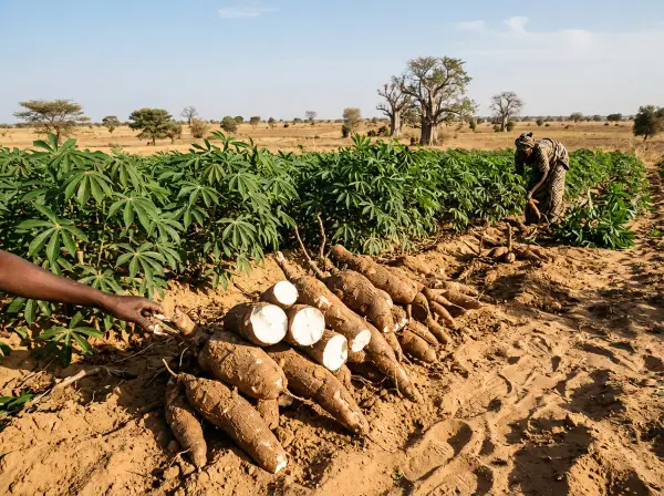 Raíces de yuca recién arrancadas