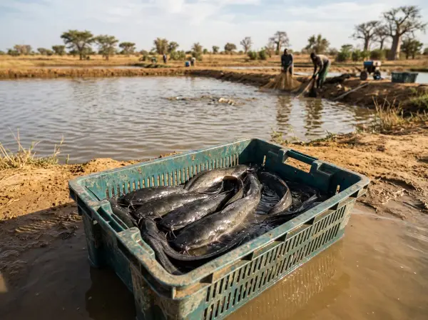 Clarias recién pescados en una caja junto a un estanque