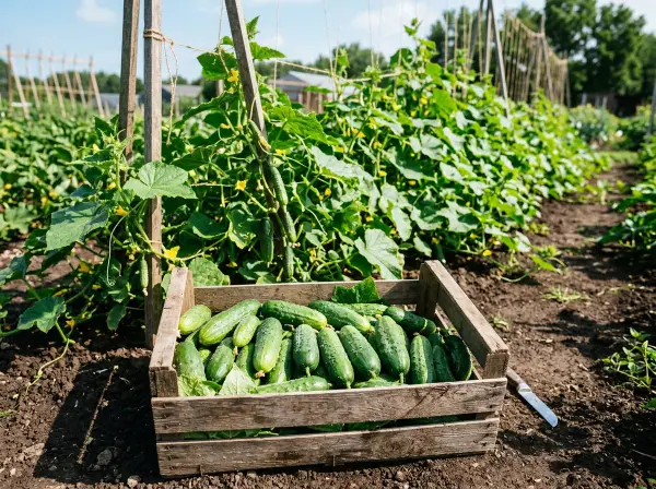 Pepinos recién cosechados en una caja