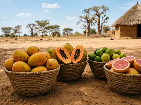 Cestas de mangos, papayas, limones y pomelos