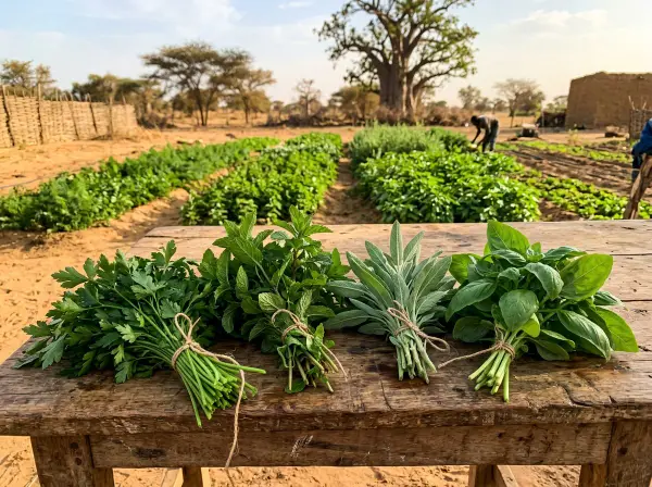 Manojos de perejil, menta, salvia y albahaca frescos
