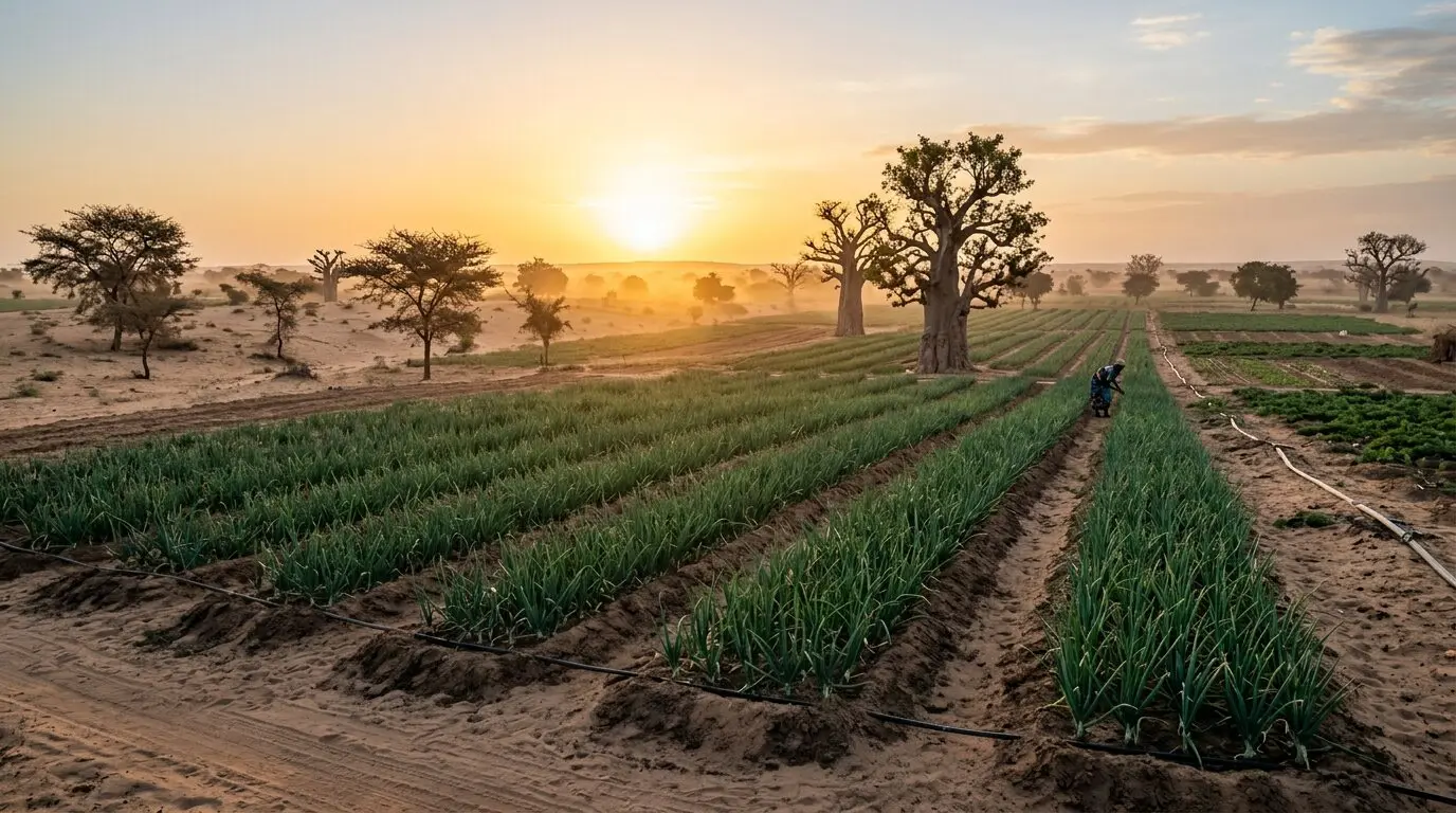 Campos de cebollas con riego al amanecer en el Sahel senegalés