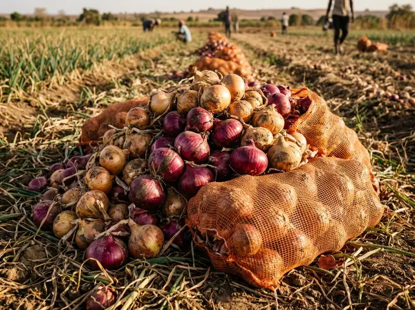 Cebollas rojas y amarillas recién cosechadas