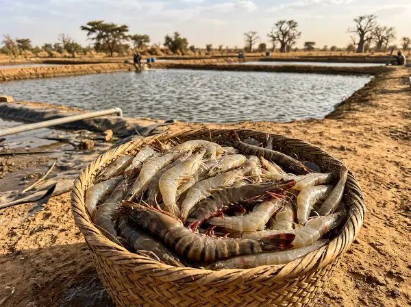Camarones de cultivo recién cosechados junto a un estanque